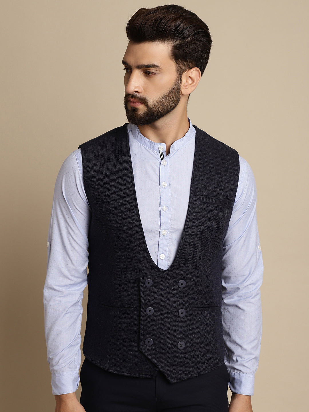 Even Apparels Men's Blue Woolen Double Breast Waistcoat | Grocsy