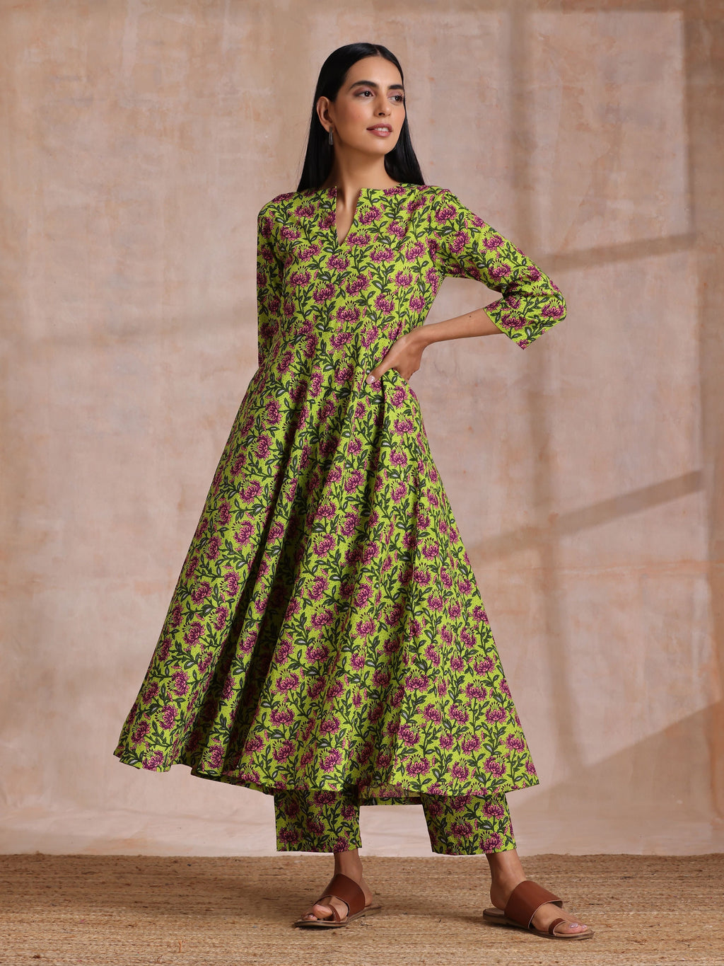 trueBrowns Lime Green Overall Pink Floral Block Print Cotton Flared Kurta Pant Set | Grocsy