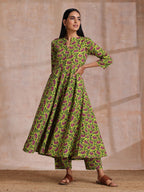 trueBrowns Lime Green Overall Pink Floral Block Print Cotton Flared Kurta Pant Set | Grocsy