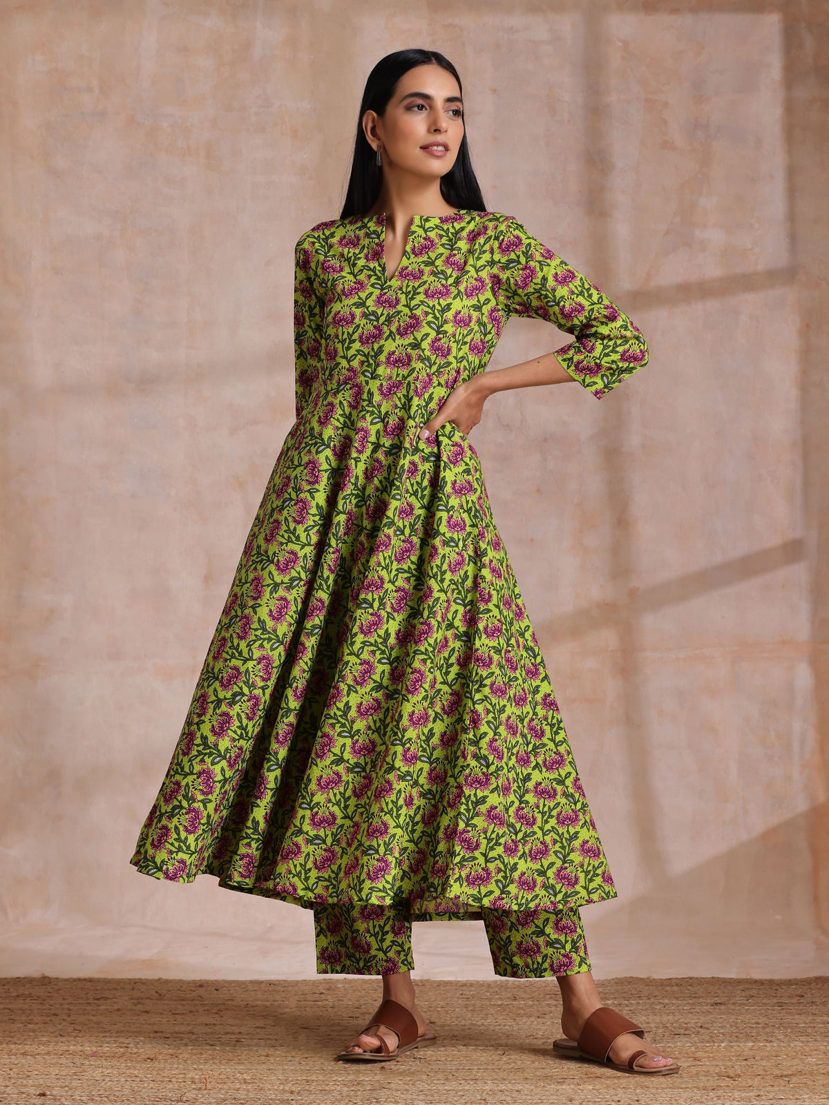trueBrowns Lime Green Overall Pink Floral Block Print Cotton Flared Kurta Pant Set | Grocsy