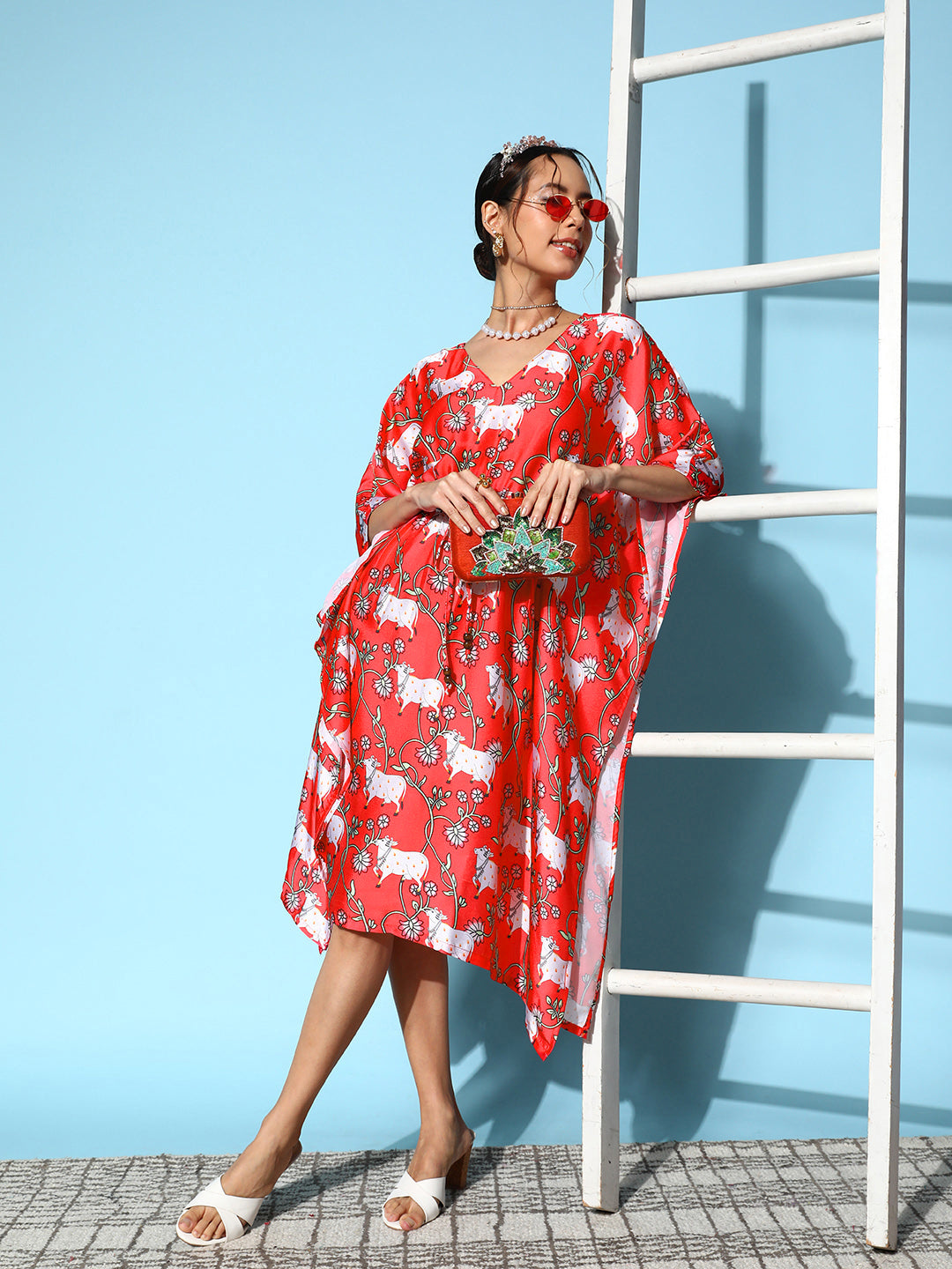 InWeave Women's Bright Pink Indian Bull Print Kaftan | Grocsy