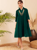 InWeave Women's Teal Velvet Collared Neck Flared Midi Dress | Grocsy