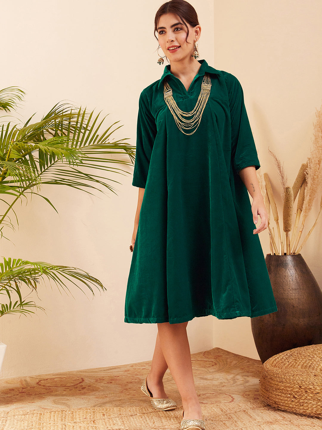 InWeave Women's Teal Velvet Collared Neck Flared Midi Dress | Grocsy