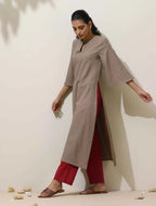 trueBrowns Grey Cotton Linen Kurta Pant Set | Grocsy