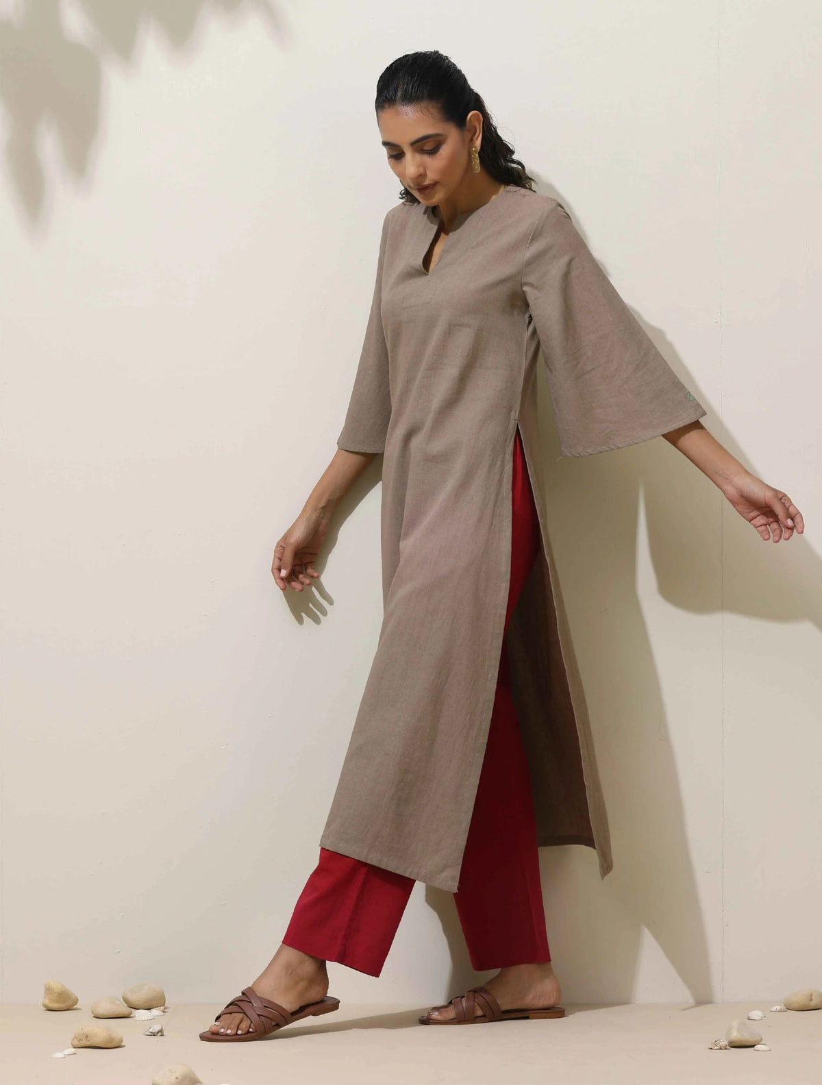 trueBrowns Grey Cotton Linen Kurta Pant Set | Grocsy