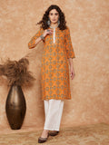 InWeave Women's Mustard Ethnic Print Lace Gota Work Straight Kurta | Grocsy