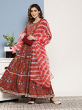 InWeave Women's Red Floral Print Tiered Dress With Lace With Red Leh Dupatta | Grocsy