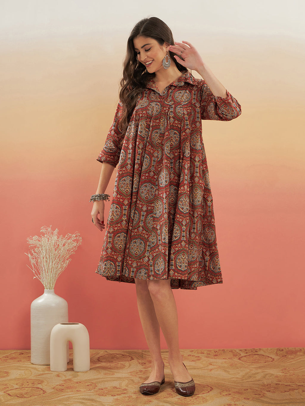 InWeave Women's Maroon Mughal Kalamkari Flared Dress | Grocsy