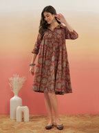 InWeave Women's Maroon Mughal Kalamkari Flared Dress | Grocsy