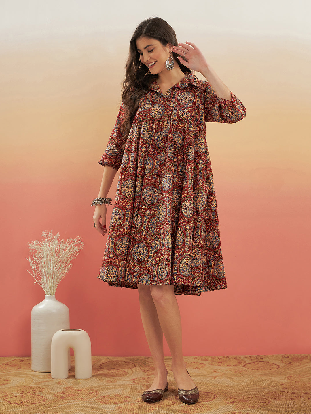 InWeave Women's Maroon Mughal Kalamkari Flared Dress | Grocsy