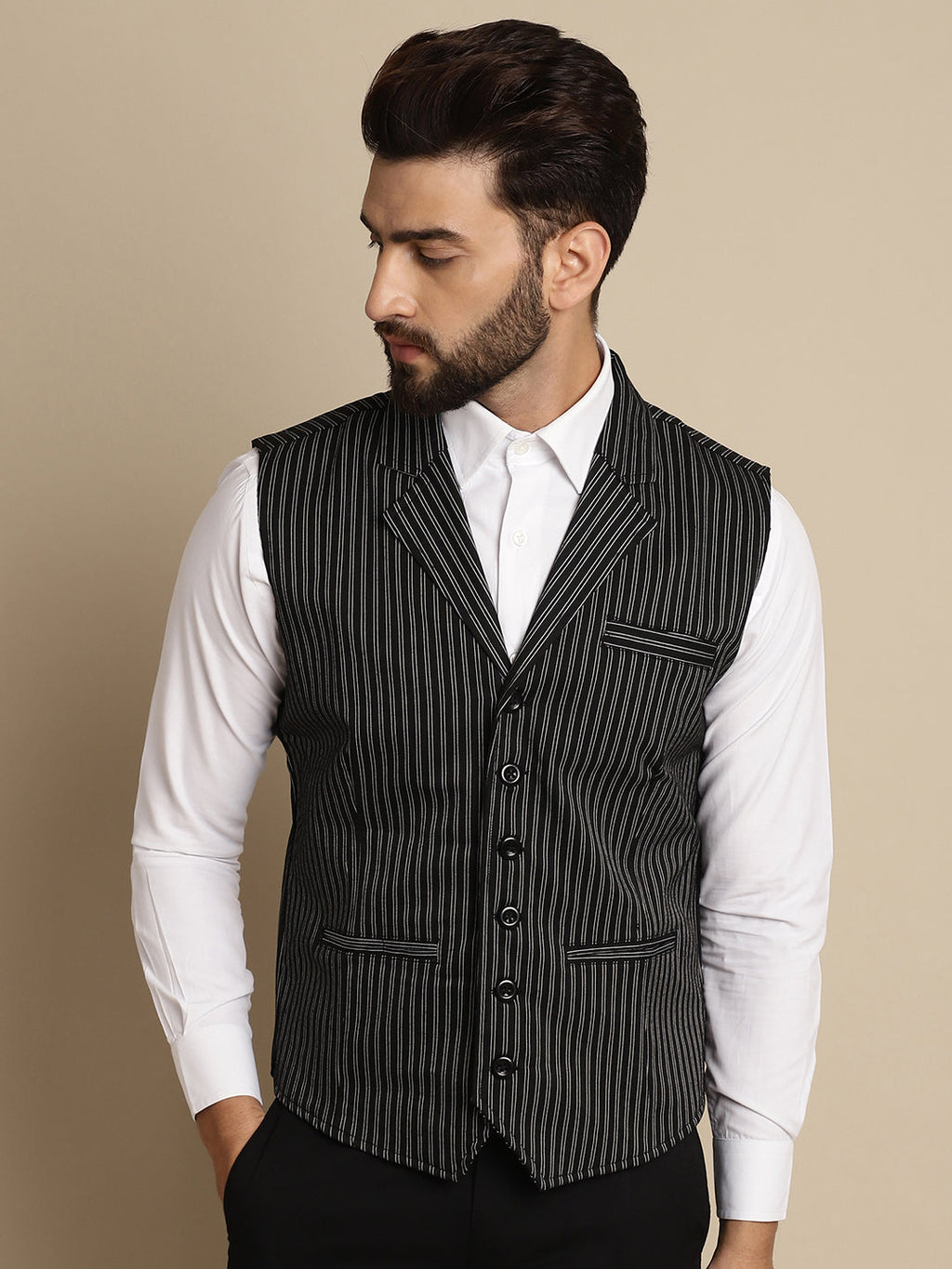 Even Apparels Men's Black Waistcoat with Notched Lapel | Grocsy