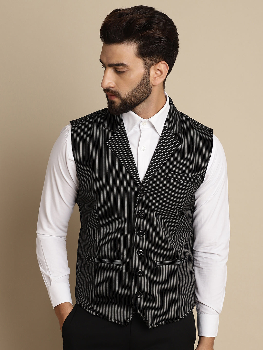 Even Apparels Men's Black Waistcoat with Notched Lapel | Grocsy