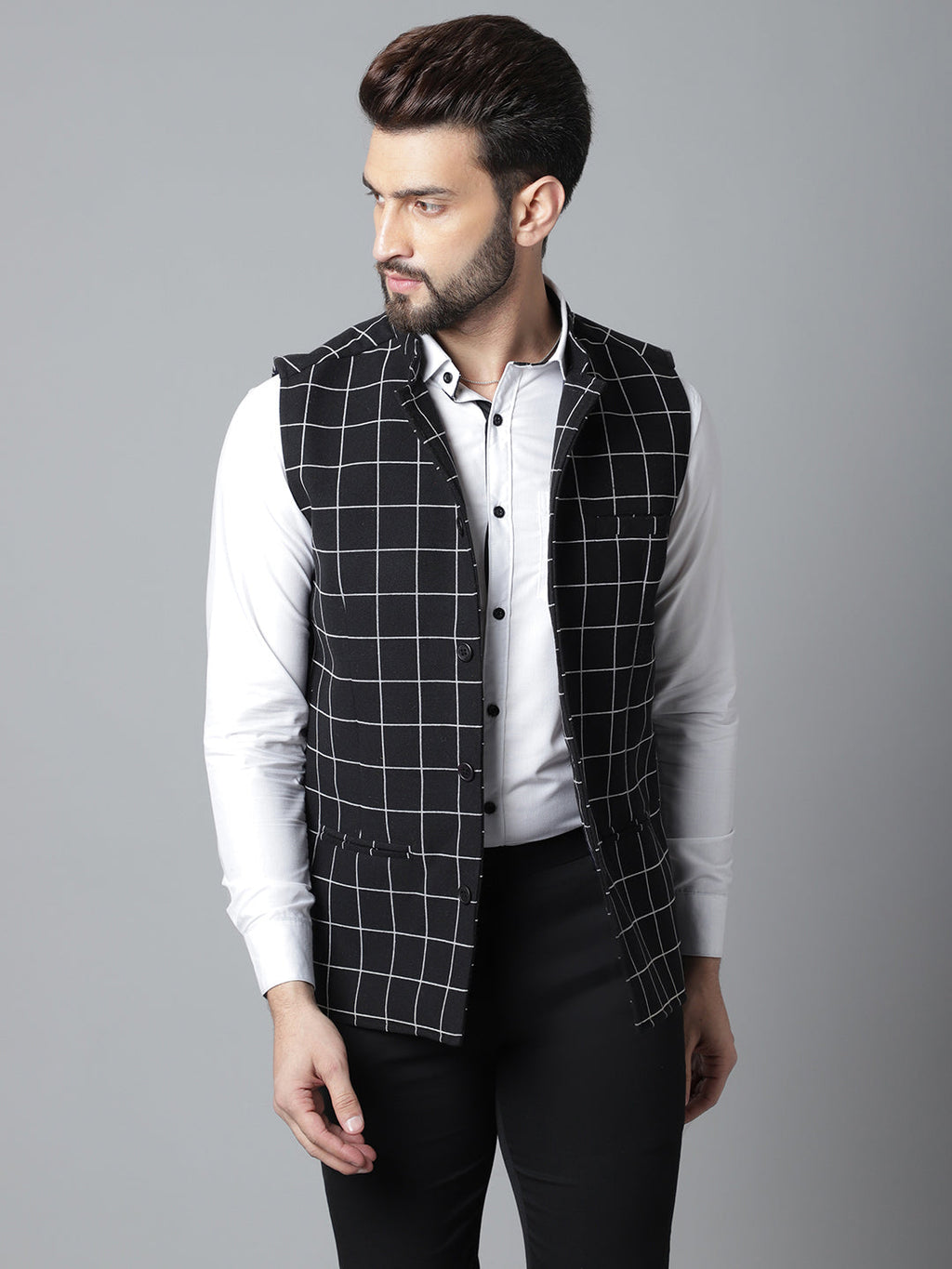 Even Apparels Men's Black Nehru Jacket With Welt Pockets | Grocsy