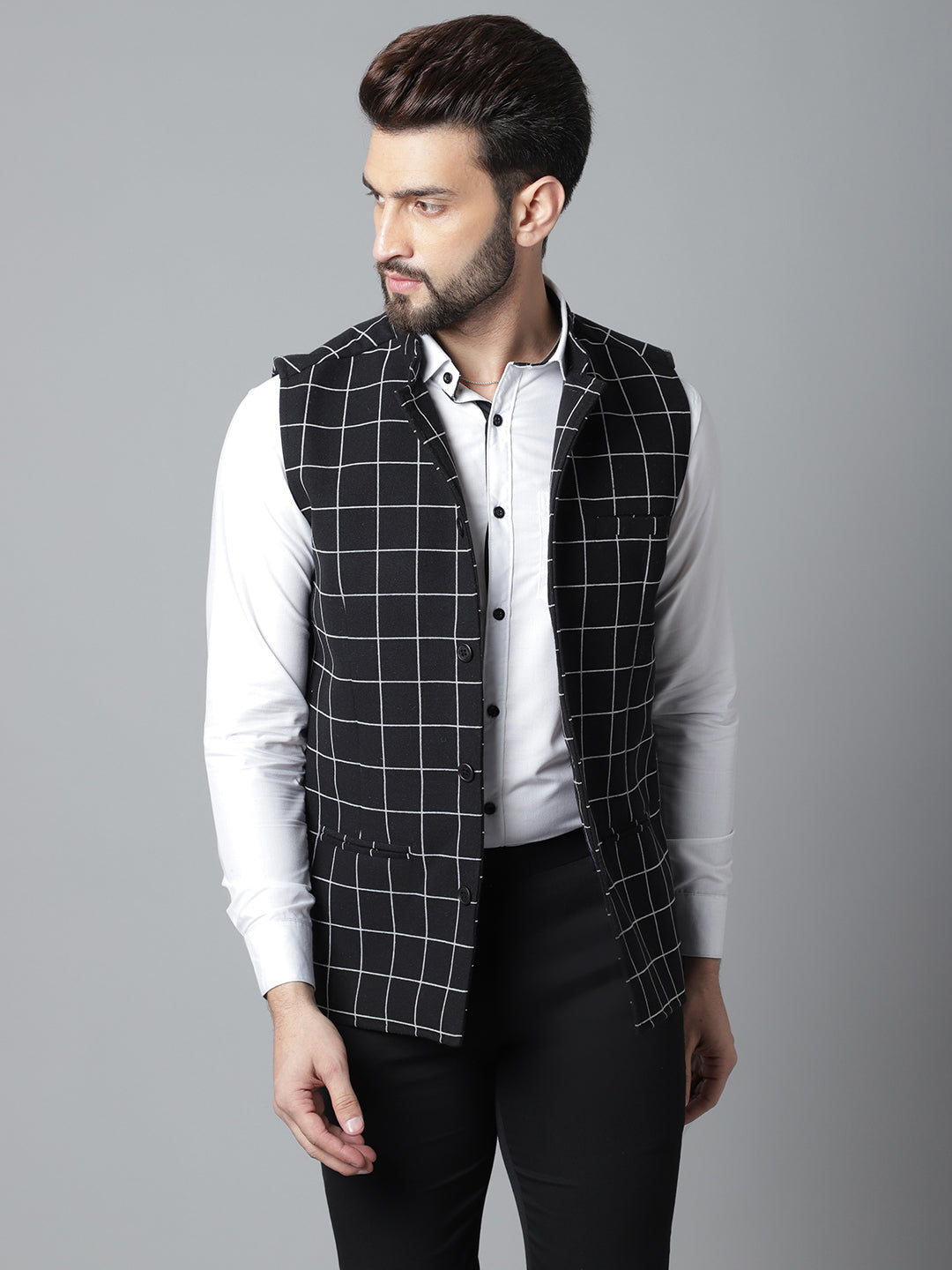 Even Apparels Men's Black Nehru Jacket With Welt Pockets | Grocsy