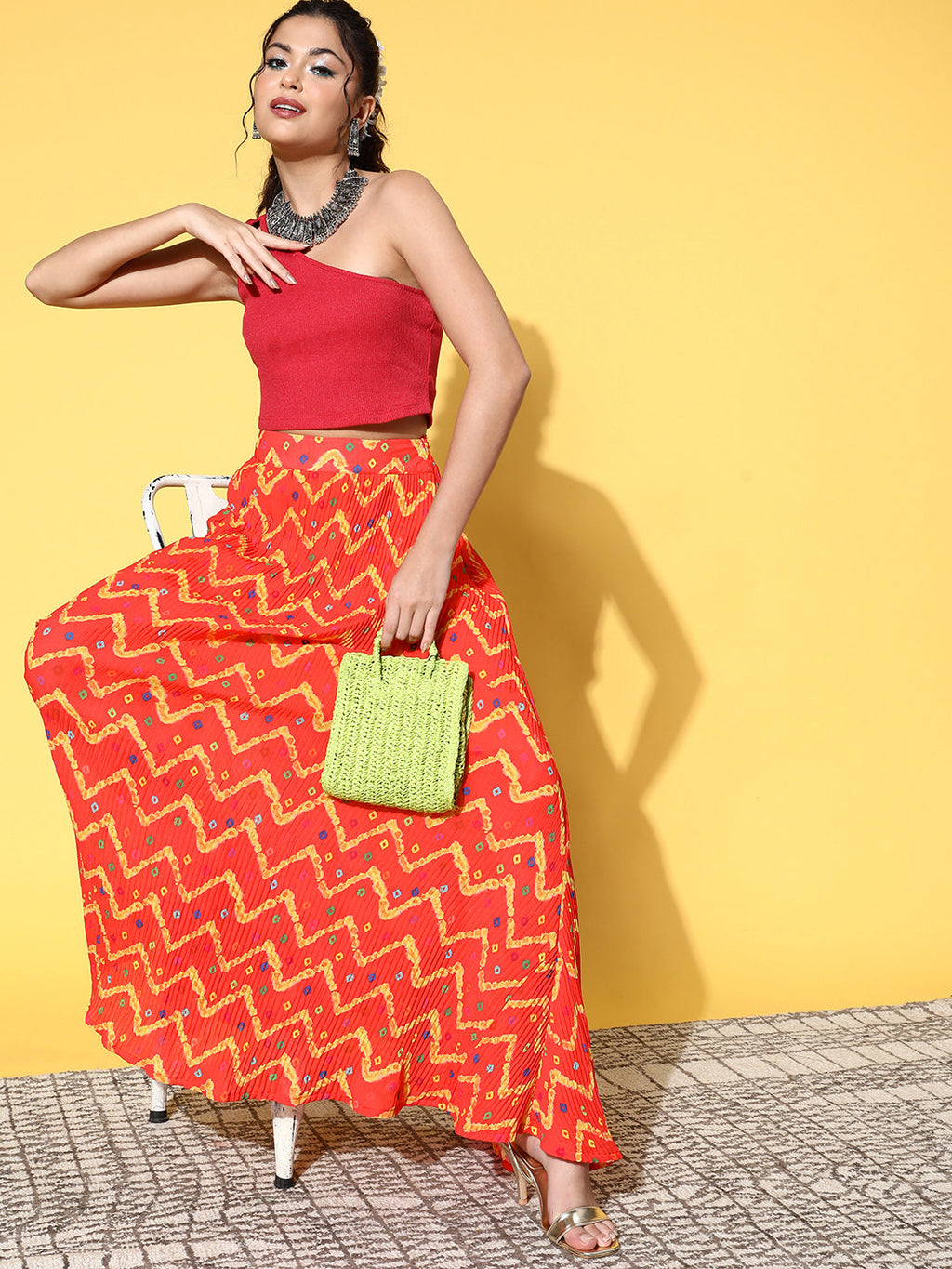 InWeave Women's Orange Bandhej Pleated Skirt | Grocsy