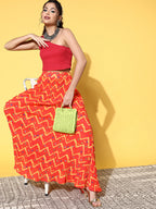 InWeave Women's Orange Bandhej Pleated Skirt | Grocsy