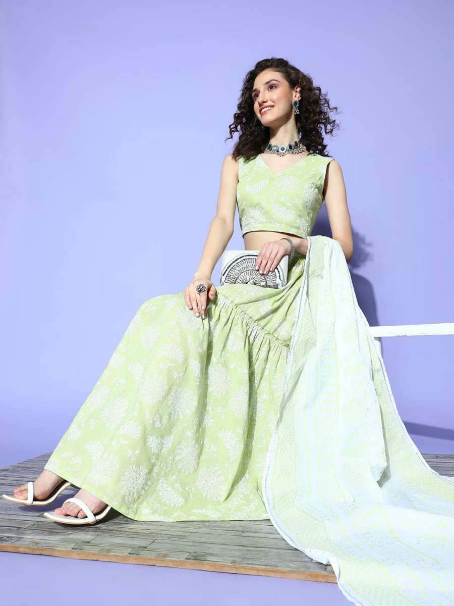 Ahalyaa Pure Cotton Green & White Printed Khari Print Ready to Wear Lehenga & Blouse With Dupatta | Grocsy