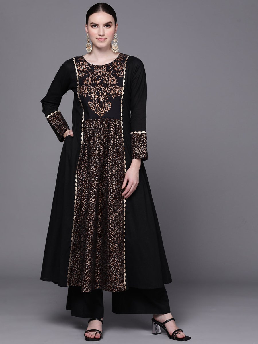 Ahalyaa Women Black Floral Printed Pure Cotton Kurta with Palazzos | Grocsy