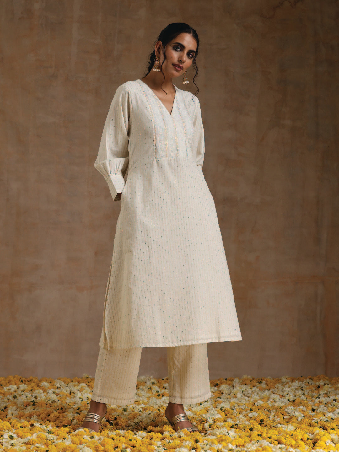 trueBrowns Ivory Gold Cotton Overlap Yoke Kurta Set | Grocsy