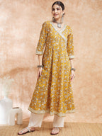 InWeave Women's Mustard Printed Gota Embroidered Anarkali Kurta | Grocsy