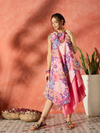 InWeave Purple Floral Peach Asymmetrical Dress | Grocsy