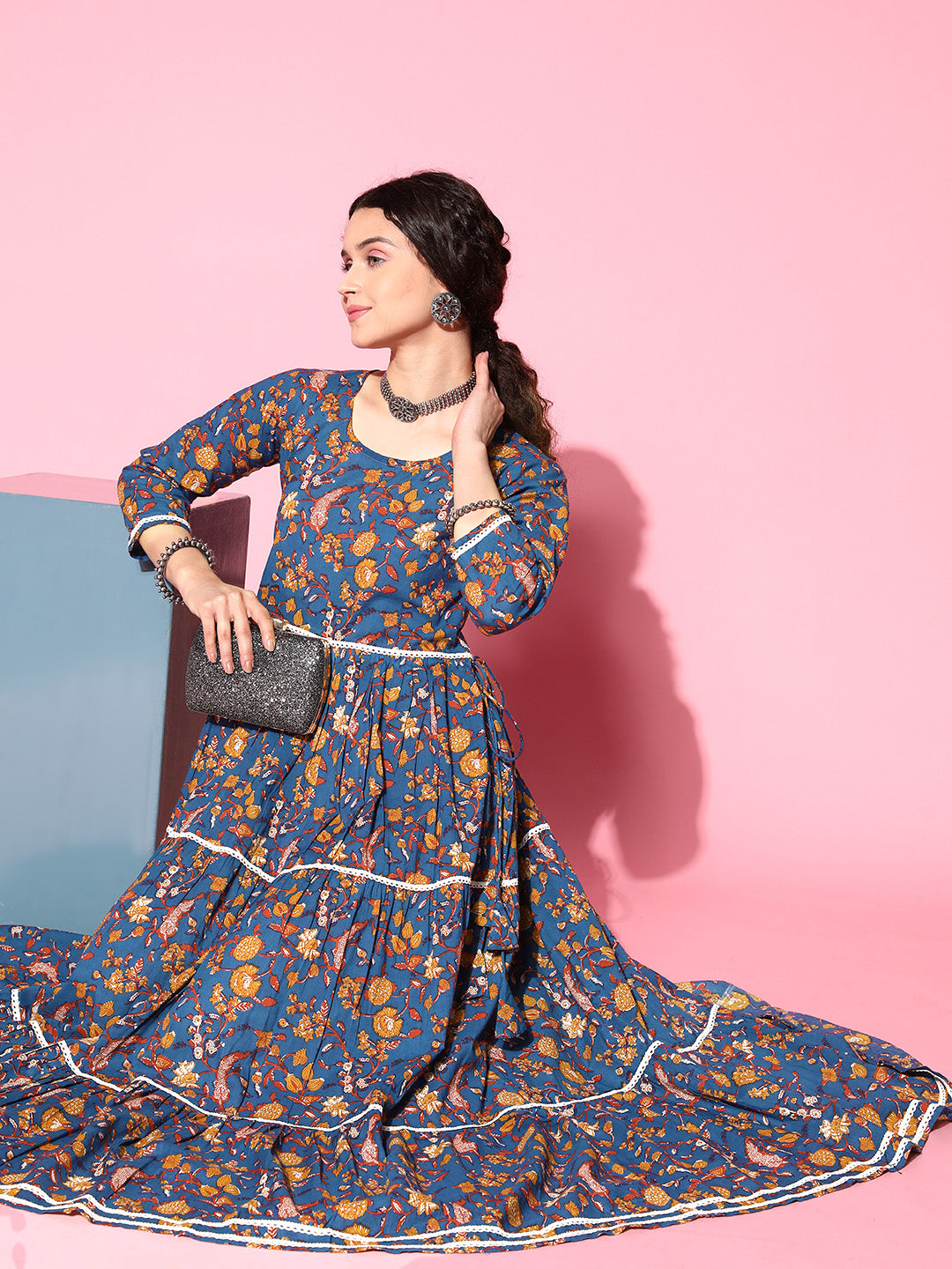 InWeave Women's Blue Floral Print Dress With Lace | Grocsy