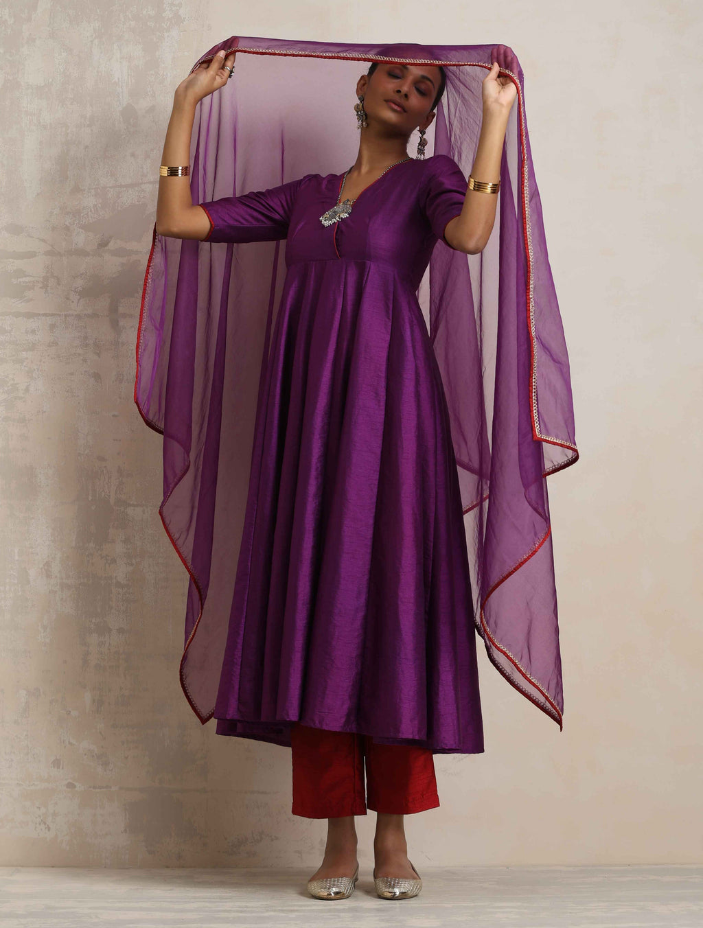 trueBrowns Purple Silk Anarkali Kurta Pant Dupatta Set | Grocsy