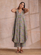 trueBrowns Grey Overall Floral Block Print Cotton Sleeveless Flared Kurta Pant Set | Grocsy