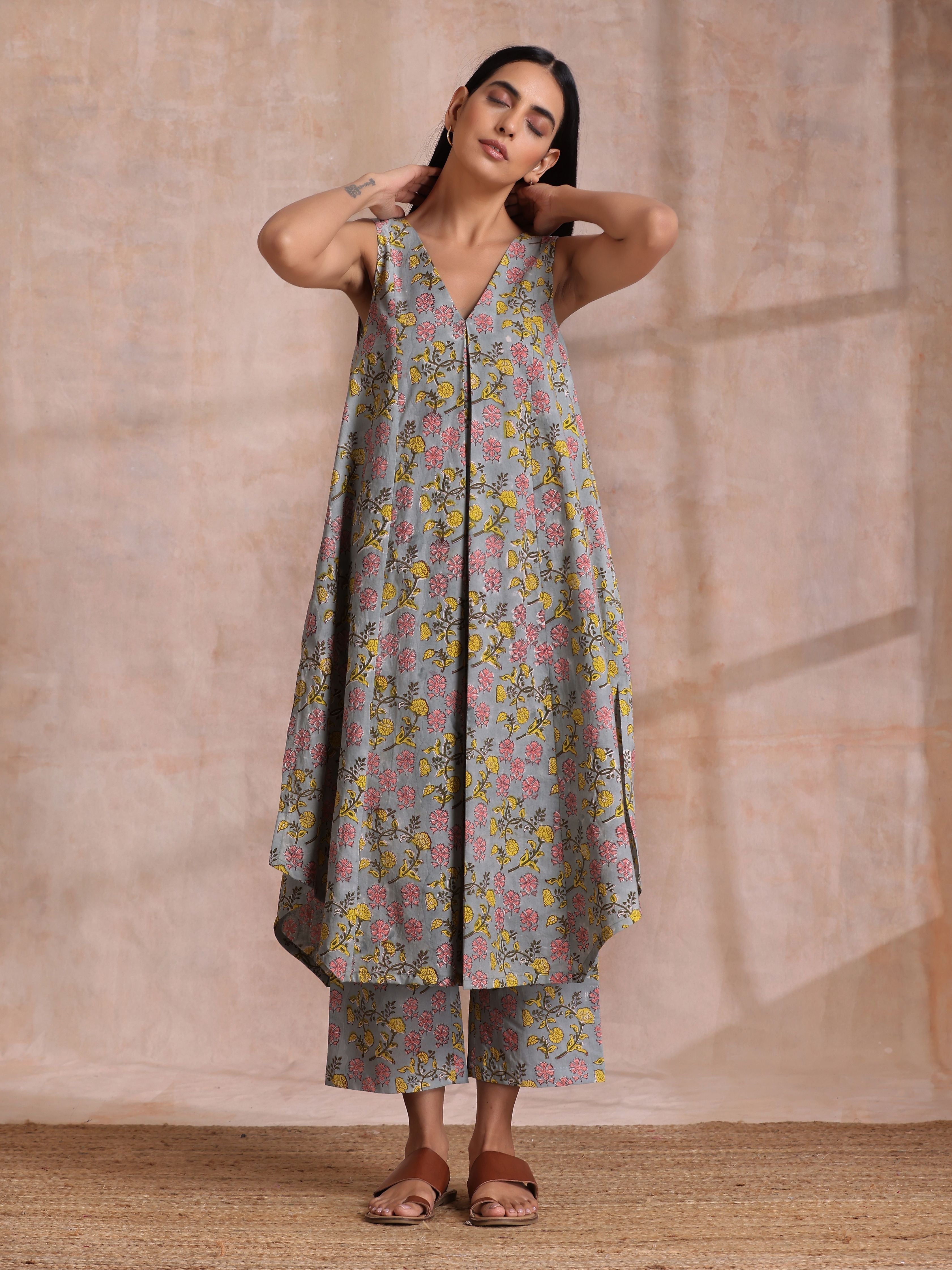 trueBrowns Grey Overall Floral Block Print Cotton Sleeveless Flared Kurta Pant Set | Grocsy