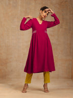 trueBrowns Rani Pink Velvet Embroidered Kurta | Grocsy