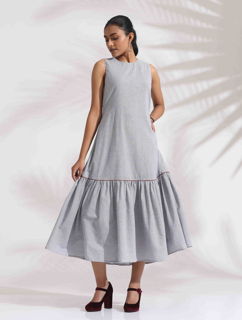 trueBrowns trueBrown Grey Cotton Stripe Tier Dress | Grocsy