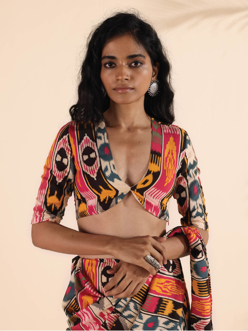 trueBrowns Cola Muslin Ikat Deep V-Neck Blouse | Grocsy