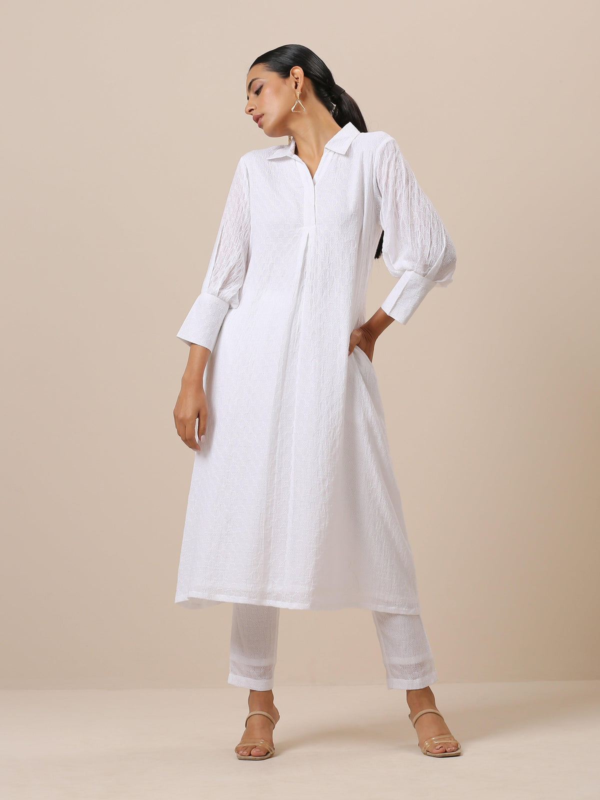 trueBrowns Cotton White Weave Collar Kurta Pant Set | Relove | Grocsy