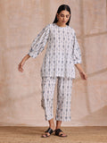 trueBrowns Grey On White Ikat Print Cotton Baggy Sleeve Co-Ord Set | Grocsy