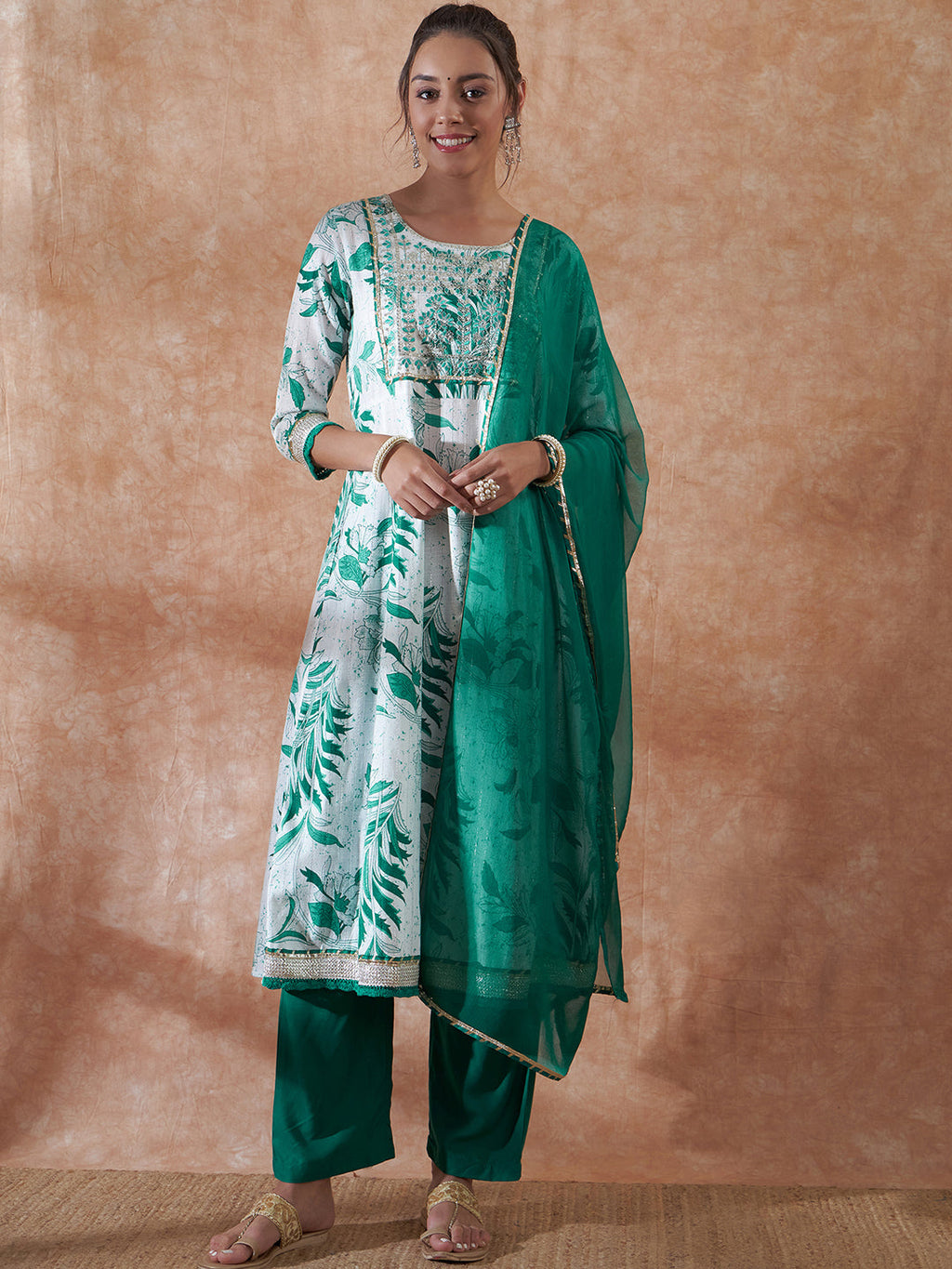 InWeave Women's White Teal Lurex Leaf Print Patch Gota Kurta Set W Teal Dupatta | Grocsy