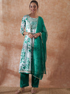 InWeave Women's White Teal Lurex Leaf Print Patch Gota Kurta Set W Teal Dupatta | Grocsy