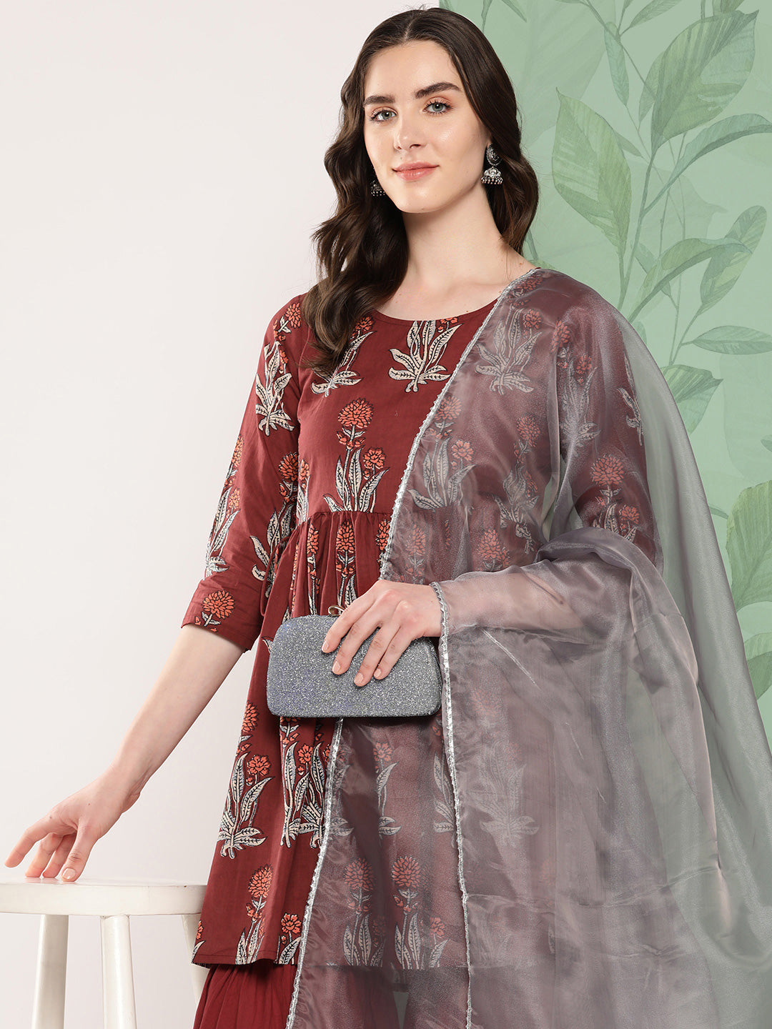 InWeave Women's Brick Rust Boota Sharara Set With Dupatta | Grocsy