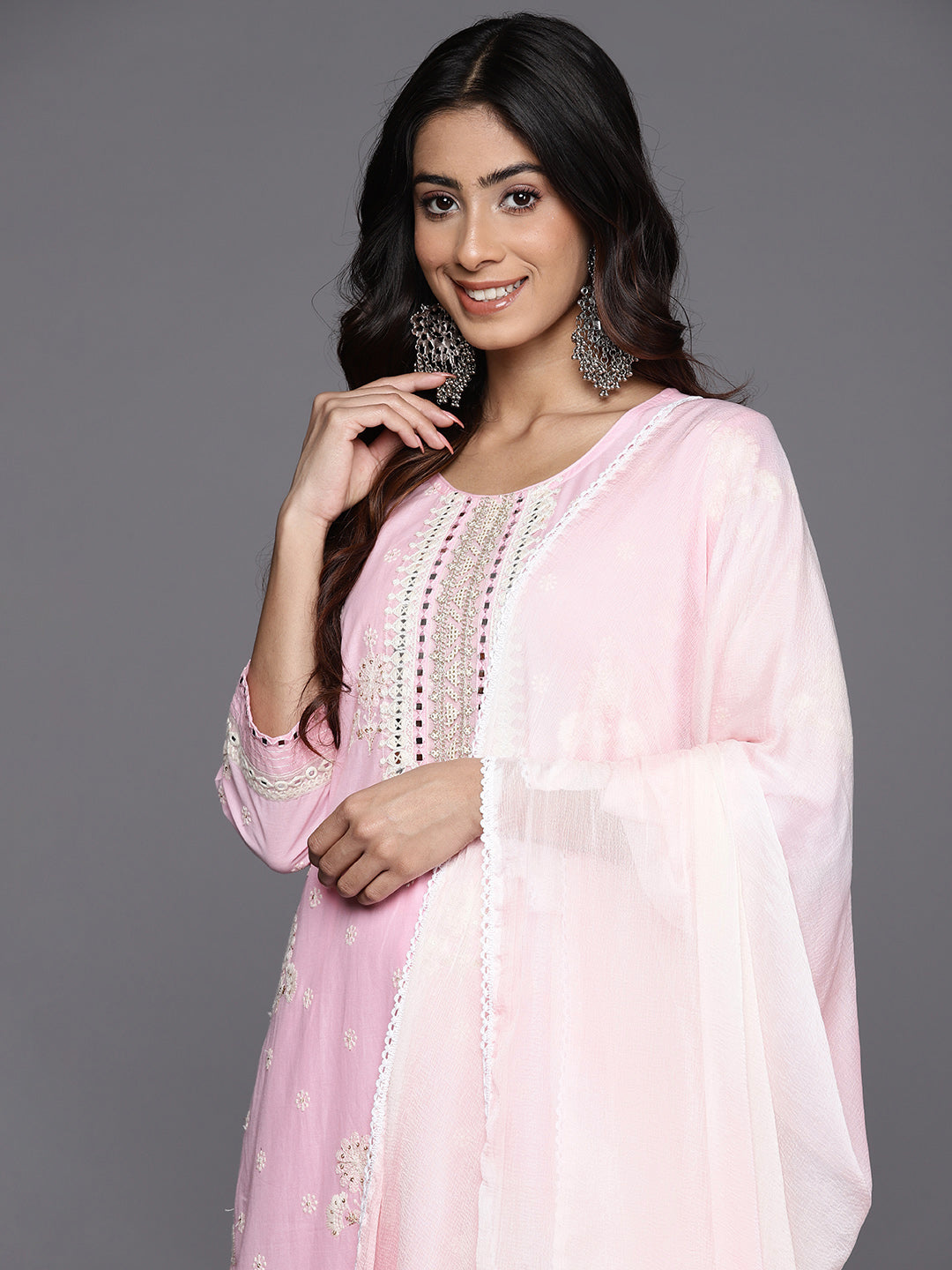 KSUT (House of Varanga) Pink Thread And Mirror Embroidered Kurta Paired With Straight Trouser And Chiffon Dupatta | Grocsy