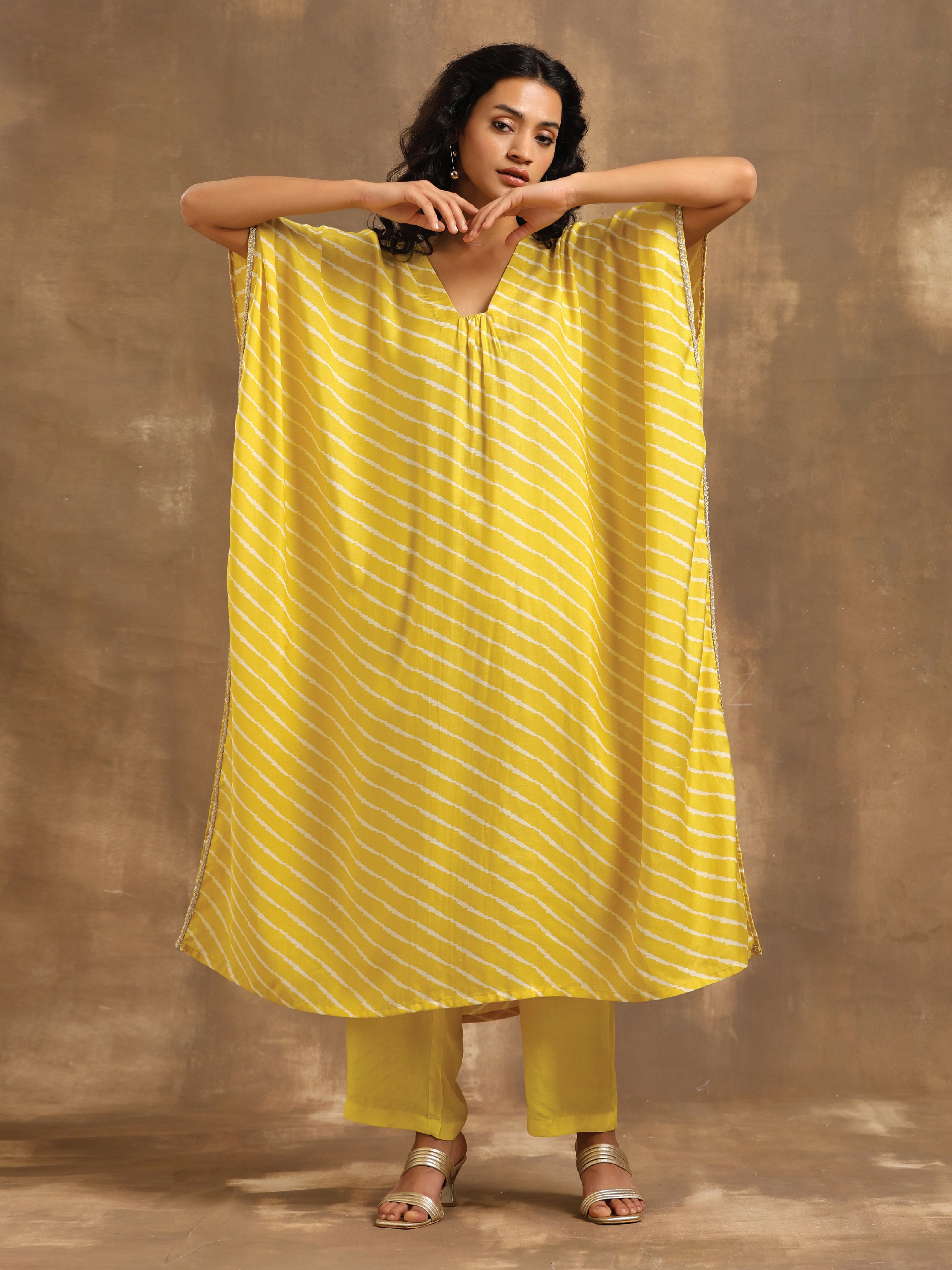 trueBrowns Lime Lehariya Printed Silk Kaftan Pant Set | Grocsy