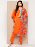 InWeave Women's Orange Organza Sleeve Kurta Set W Green Or Dupatta | Grocsy