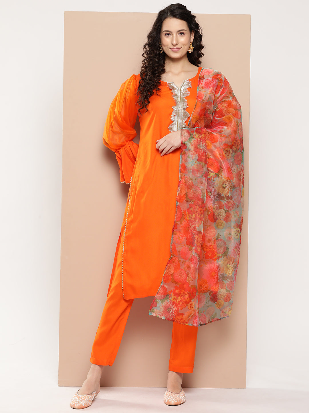 InWeave Women's Orange Organza Sleeve Kurta Set W Green Or Dupatta | Grocsy