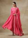 trueBrowns Pink Bandhani Printed Silk Anarkali Kurta Pant Dupatta Set | Grocsy