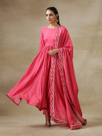 trueBrowns Pink Bandhani Printed Silk Anarkali Kurta Pant Dupatta Set | Grocsy