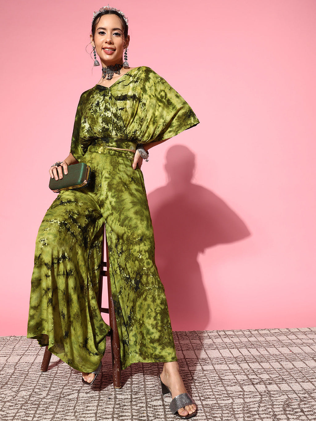 InWeave Women's Olive Tie And Dye New Neckline Top Culottes Set | Grocsy