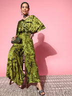 InWeave Women's Olive Tie And Dye New Neckline Top Culottes Set | Grocsy