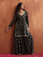 trueBrowns Green Foil Print Sharara Set | Grocsy