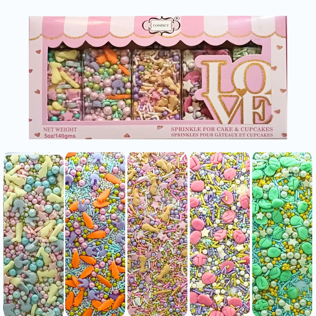 Confect Spring Sprinkles Edible |  Mix Green & Pink Eggs & Yellow & Gold Bunny pack of 5 (EAST 3) - 100Gms | Grocsy