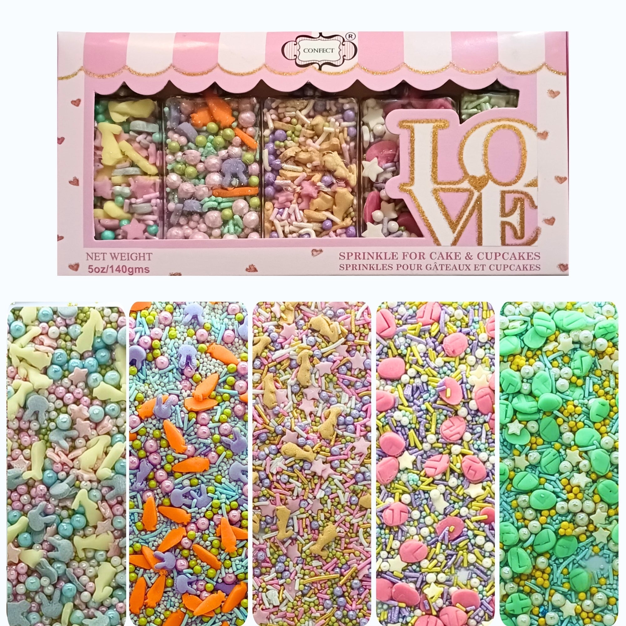 Confect Spring Sprinkles Edible |  Mix Green & Pink Eggs & Yellow & Gold Bunny pack of 5 (EAST 3) - 100Gms | Grocsy