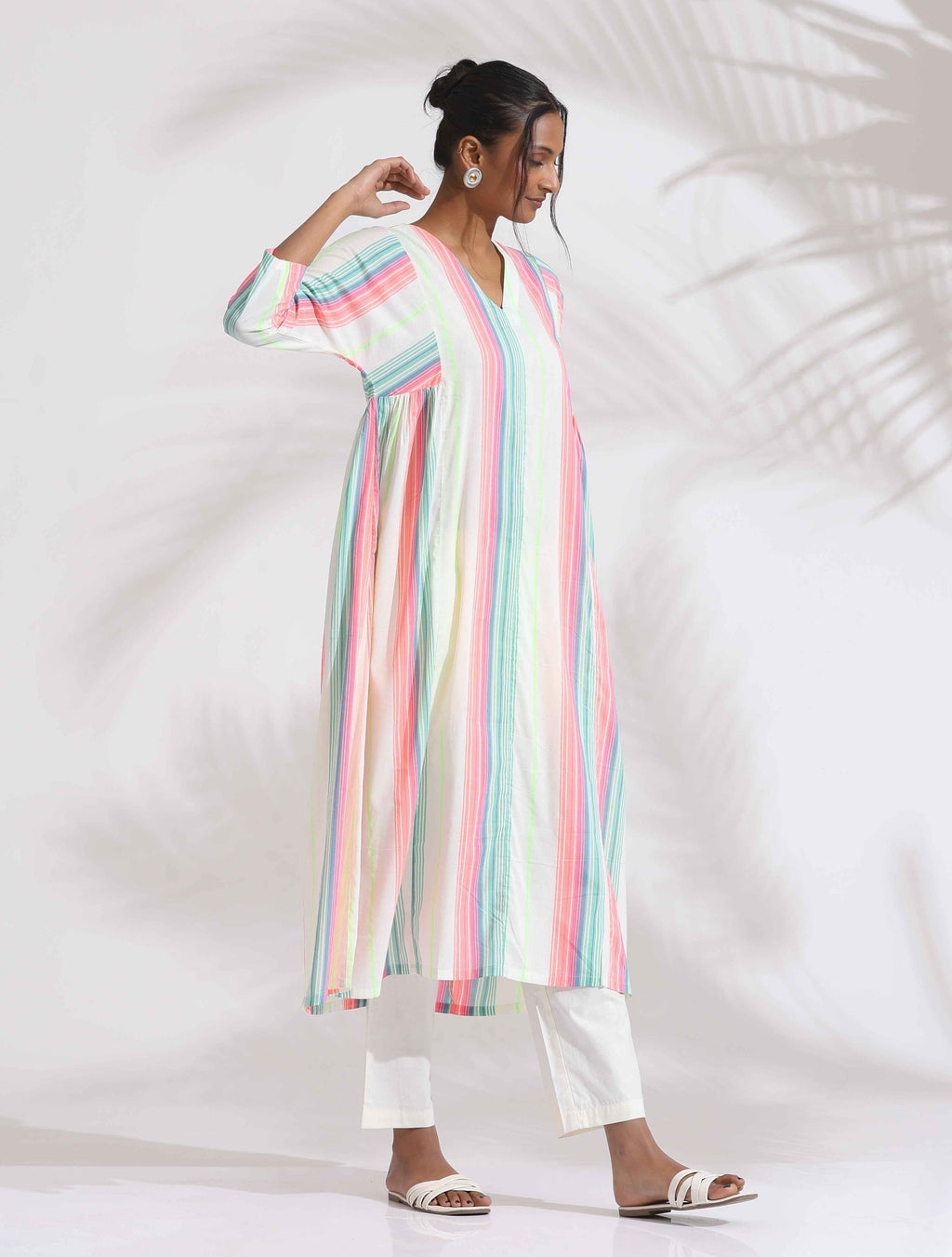 trueBrowns Off-White Cotton Multi Stripe Flared Kurta Set | Grocsy