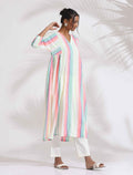 trueBrowns Off-White Cotton Multi Stripe Flared Kurta Set | Grocsy